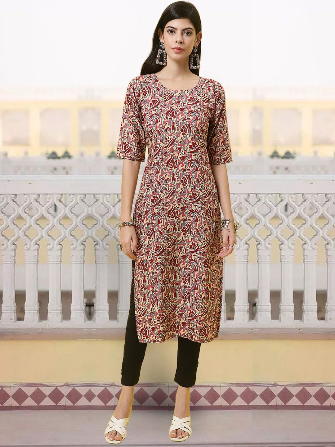 

7Threads Ethnic Motifs Printed Round Neck Straight Kurta, Beige