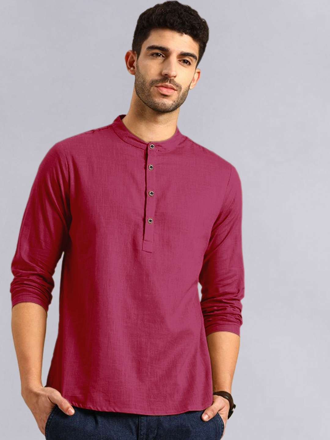 

allan peter Mandarin Collar Pure Cotton Straight Kurta, Purple