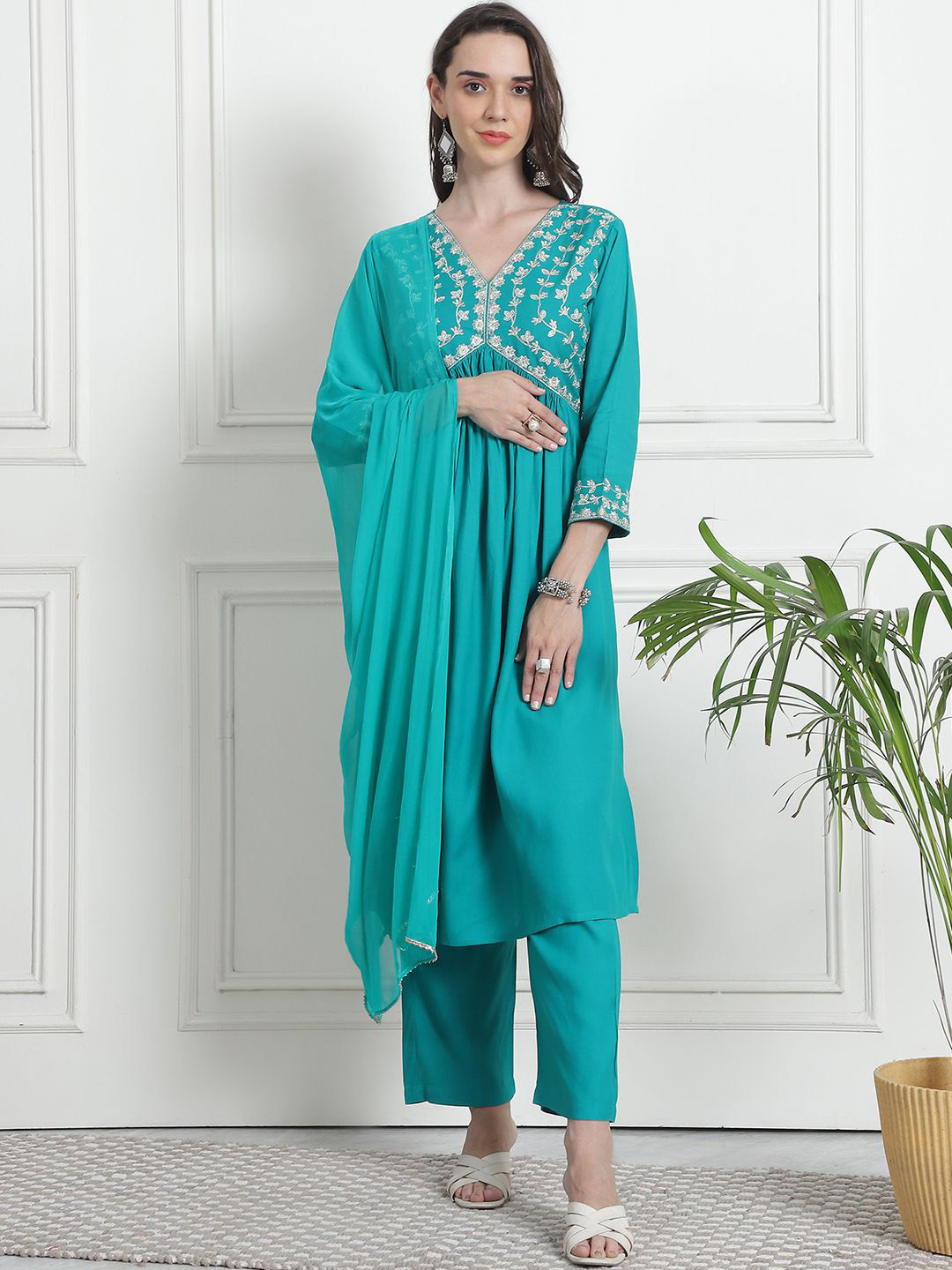 

KALINI Floral Yoke Design V-Neck Empire Zari A-Line Kurta With Trousers & Dupatta, Turquoise blue