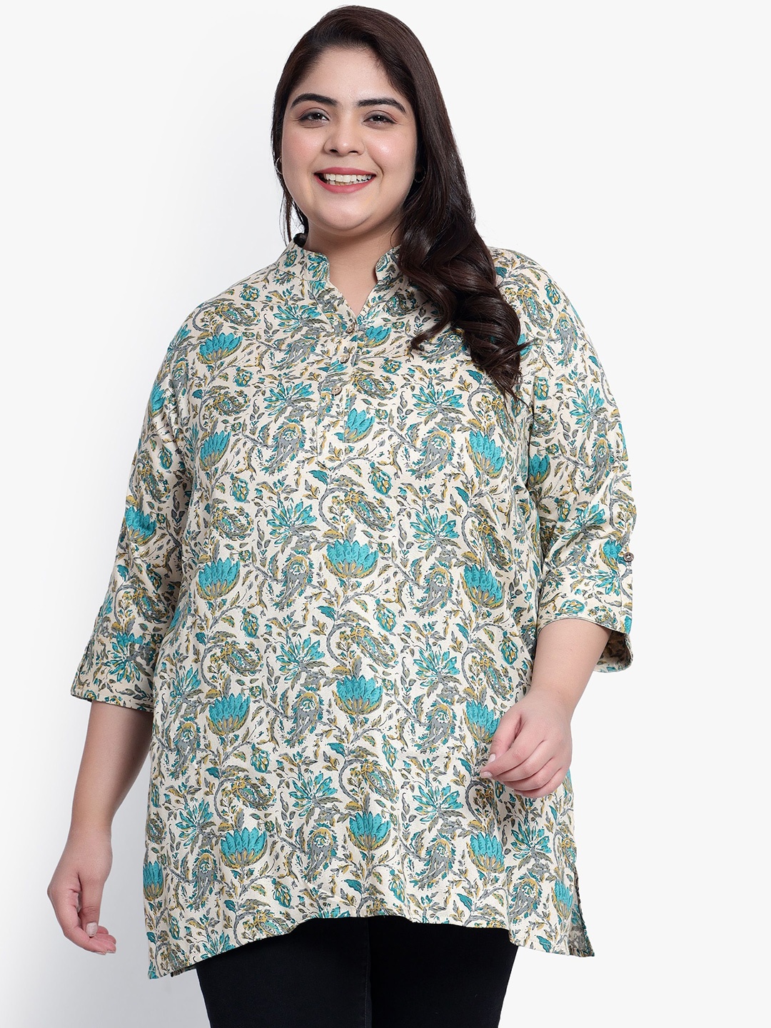 

Indietoga Women Plus Size Floral Printed Mandarin Collar Cotton Top, Off white