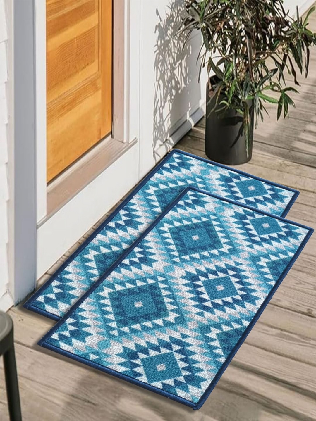 

Matz and More Blue & White 2 Pieces Geometric Printed Rectangle Anti-Skid Doormats