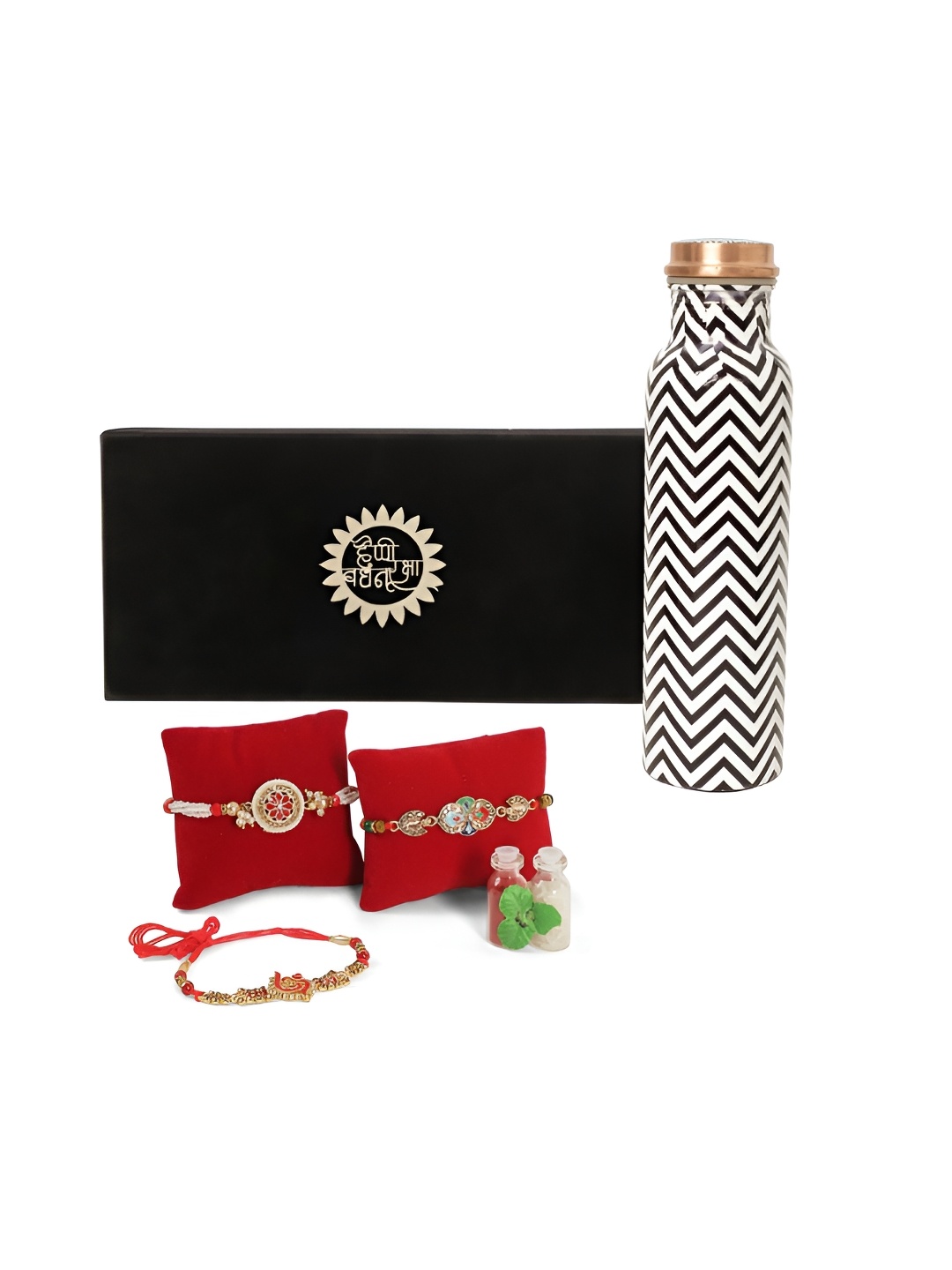 

INTERNATIONAL GIFT Set Of 4 Rakhis With Water Bottle & Roli Chawal, Red