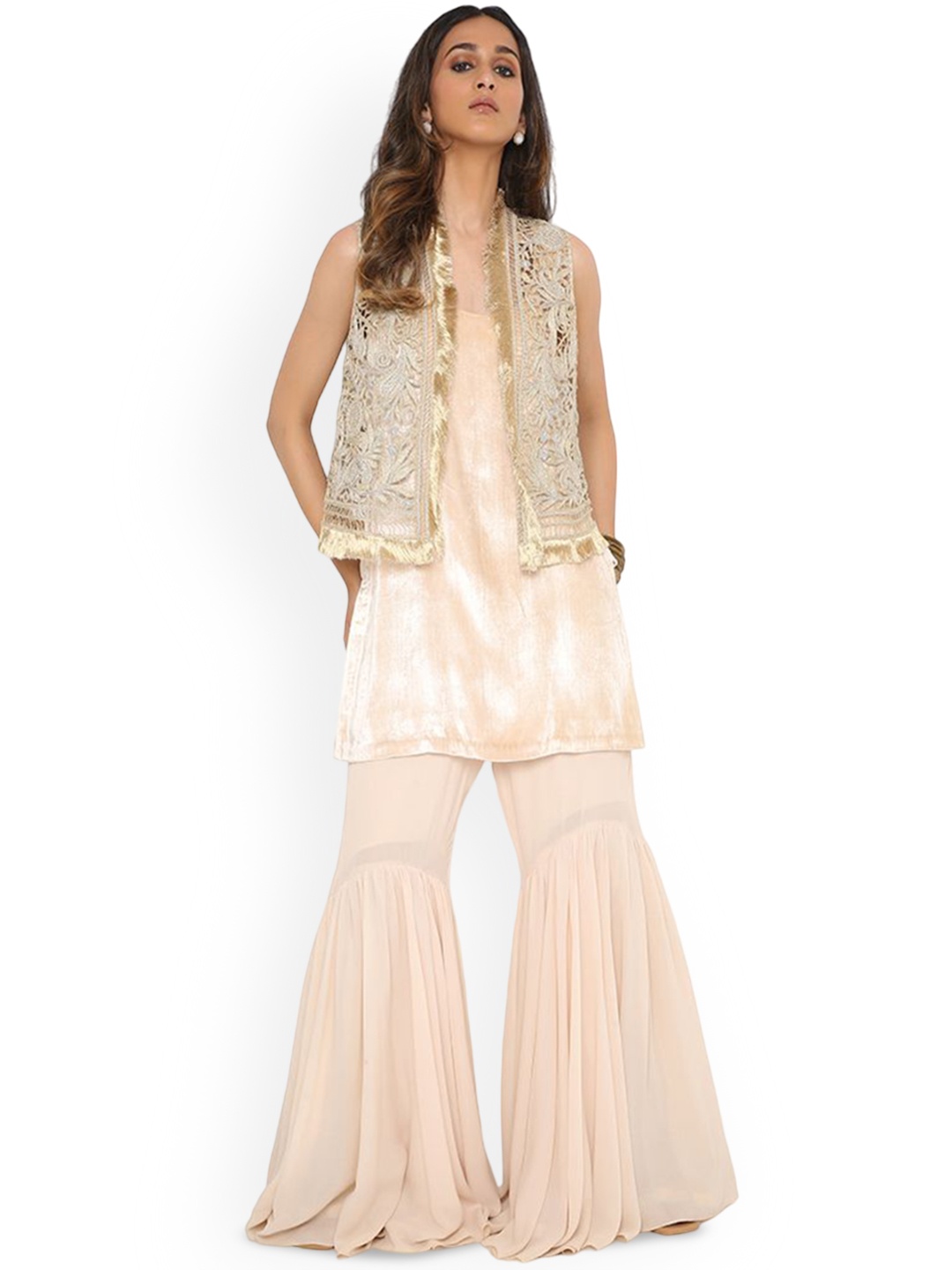 

Payal Singhal Round Neck Georgette Kurti with Sharara & Stone Cutwork Embroidered Jacket, Cream