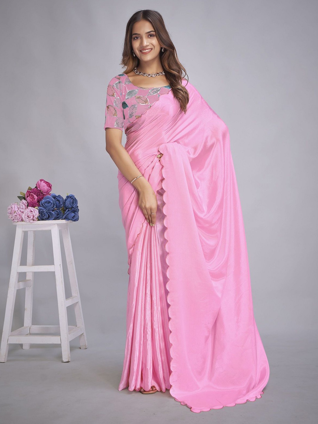 

LADY SHOPI Embroidered Pure Chiffon Saree, Pink