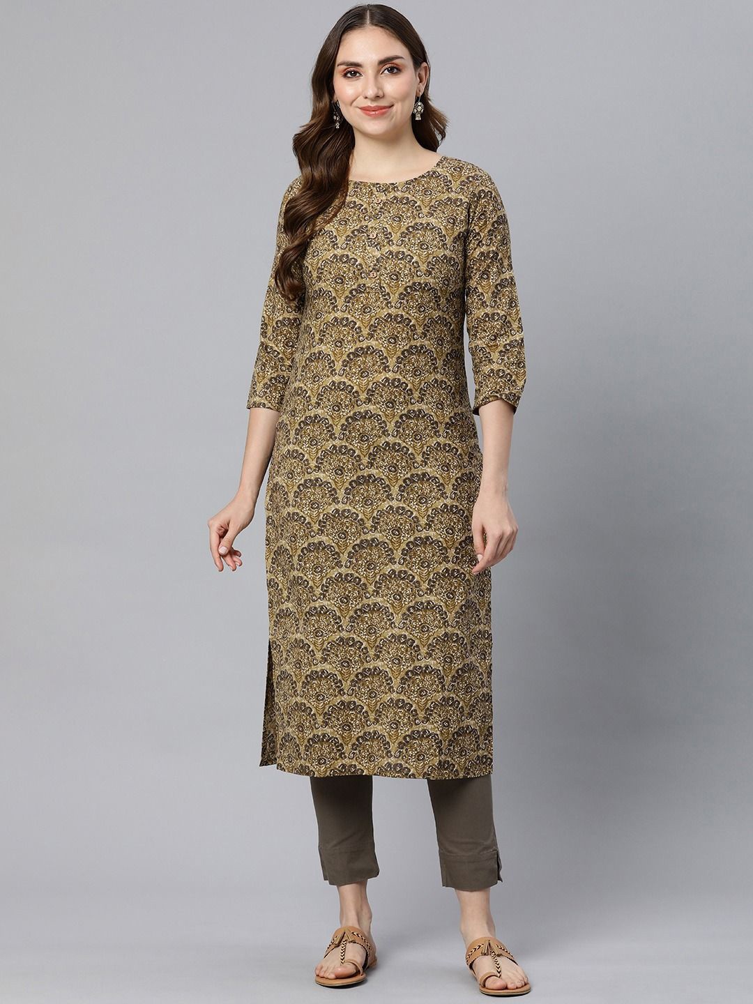 

KALINI Floral Printed Straight Kurta, Olive