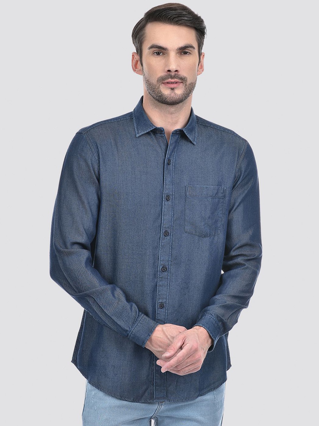 

Numero Uno Men Spread Collar Solid Cotton Slim Fit Casual Shirt, Blue