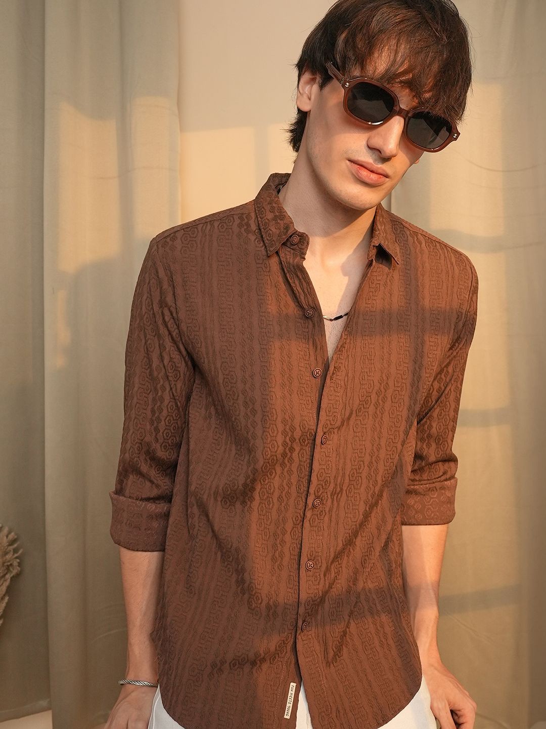 

Campus Sutra Men Comfort Spread Collar Solid Polycotton Casual Shirt, Brown