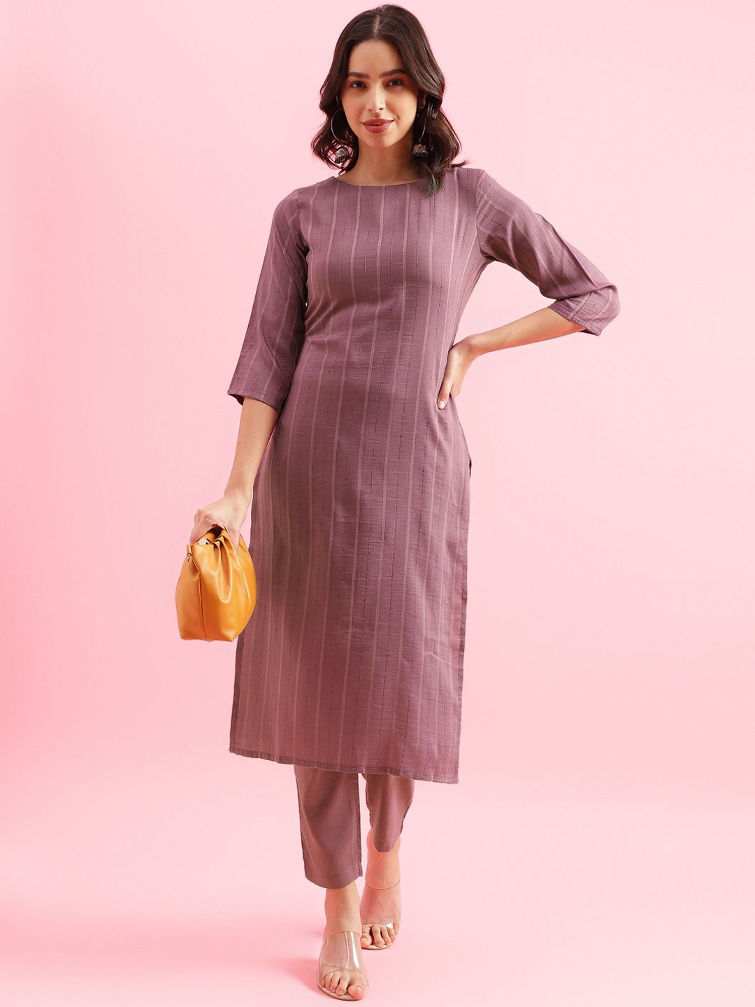 

Saanjh Violet Striped Straight Kurta with Trousers