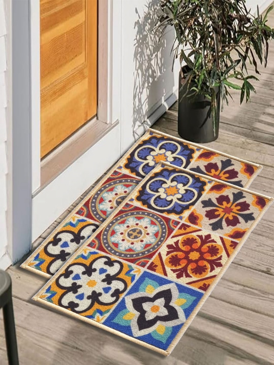 

Matz and More Beige & Blue 2 Pieces Floral Printed Rectangle Anti-Skid Doormats