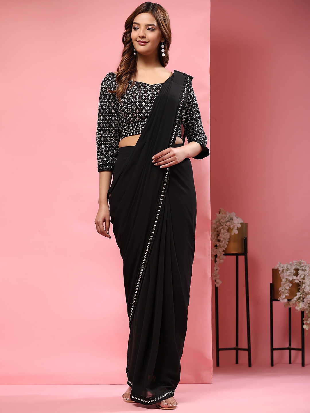 

AMOHA TRENDZ Embroidered Pure Georgette Ready to Wear Saree, Black