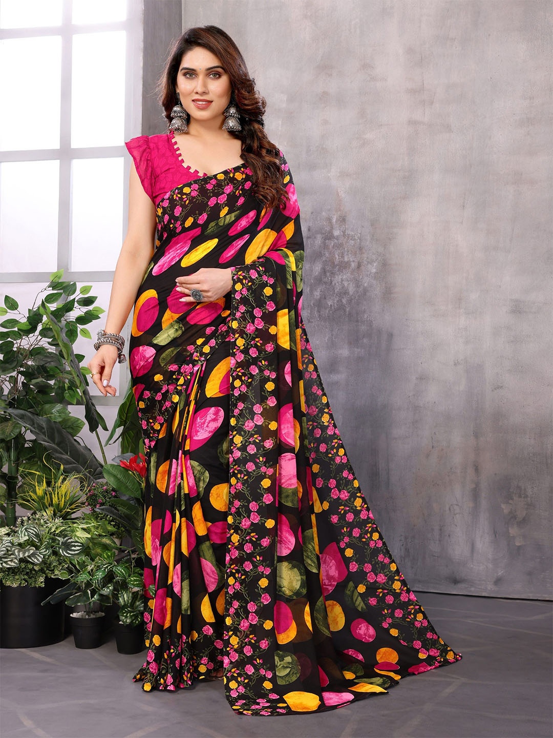 

The Textile Hub Printed Polka Dot Saree, Black