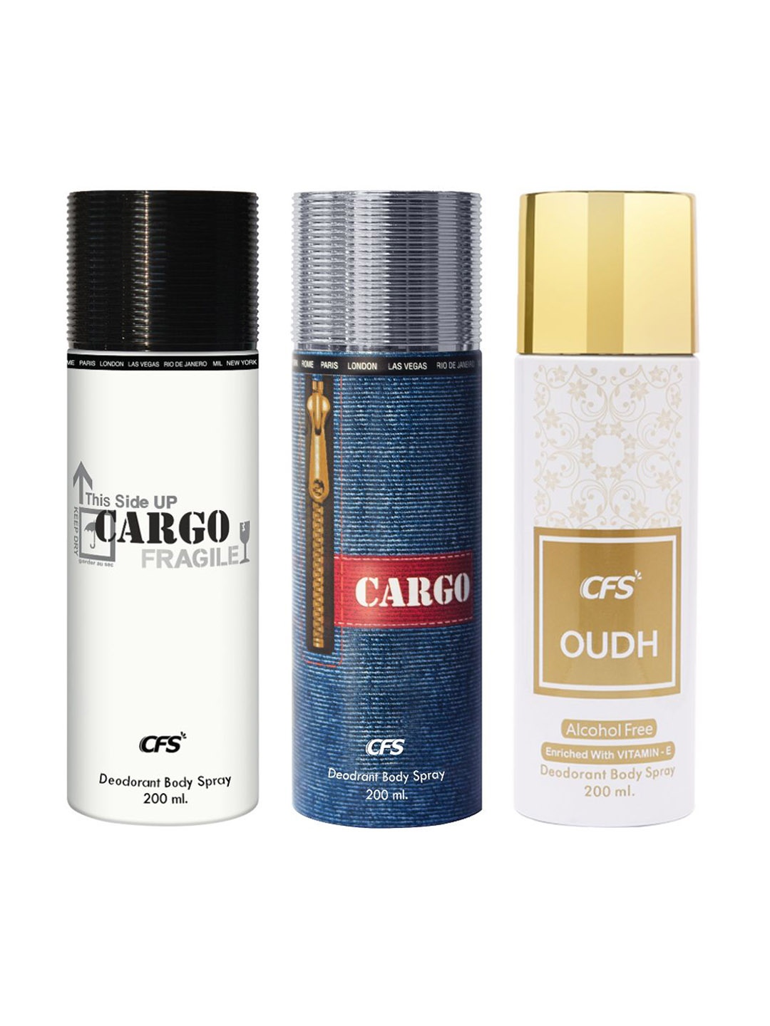 

CFS Set Of 3 Fine Fragrances Deodorant Body Spray- Cargo Fragile- Cargo- Oudh- 200ML Each, Black