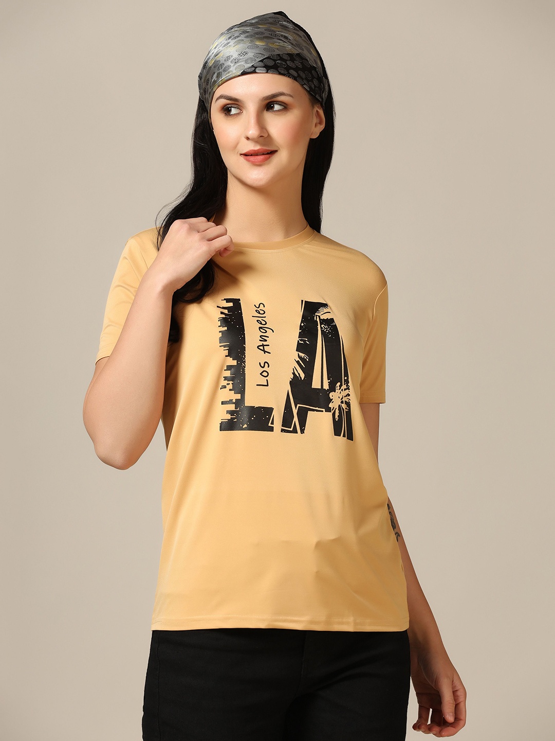 

TAGDO Women Typography Printed Round Neck T-Shirt, Khaki