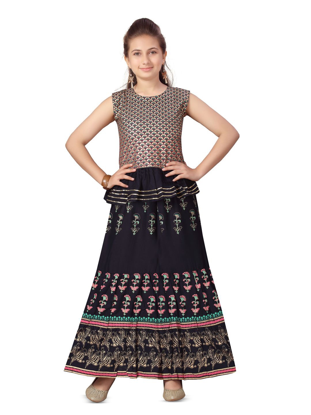 

BAESD Girls Printed Cotton Ready to Wear Lehenga With Choli, Navy blue