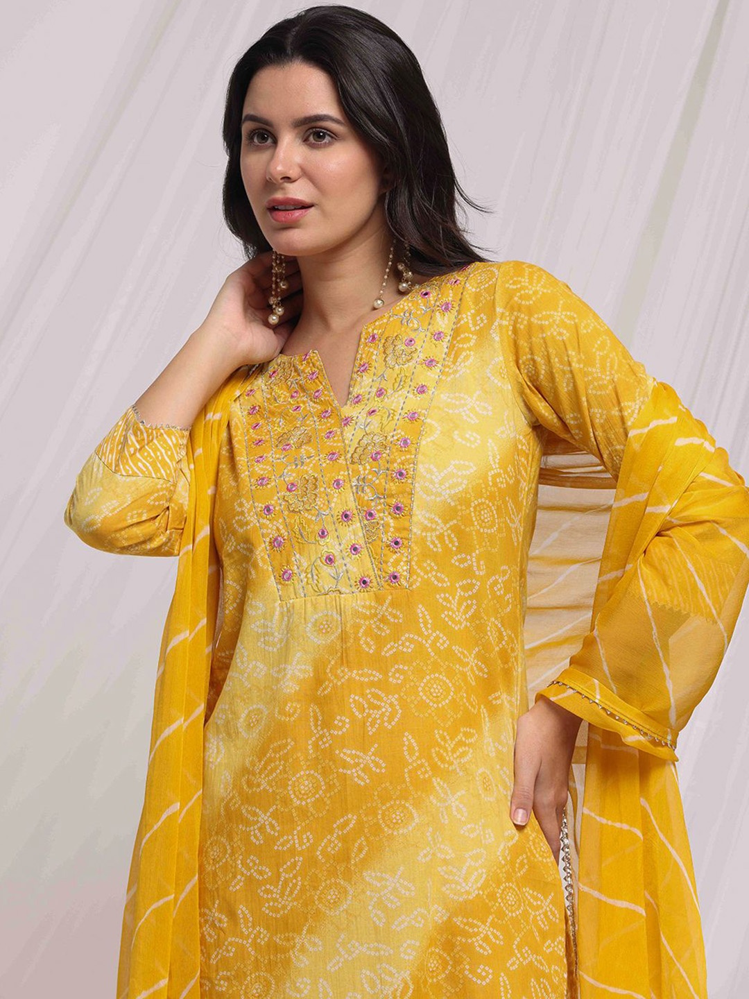 

Anouk Yellow Bandhani Printed Thread Work Pure Cotton Straight Kurta & Trouser & Dupatta