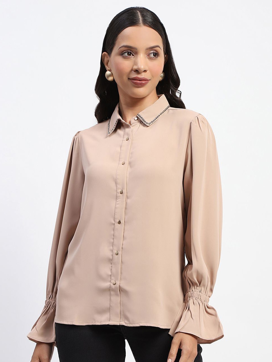 

Madame Women Spread Collar Solid Casual Shirt, Beige