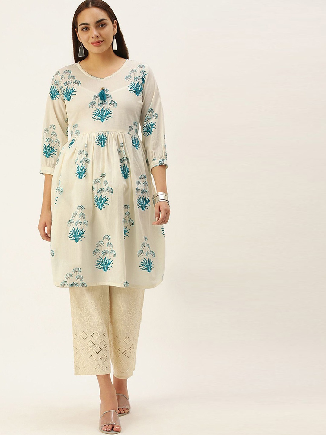 

KALINI Floral Printed V-Neck Cotton A-Line Kurta With Slip, Off white