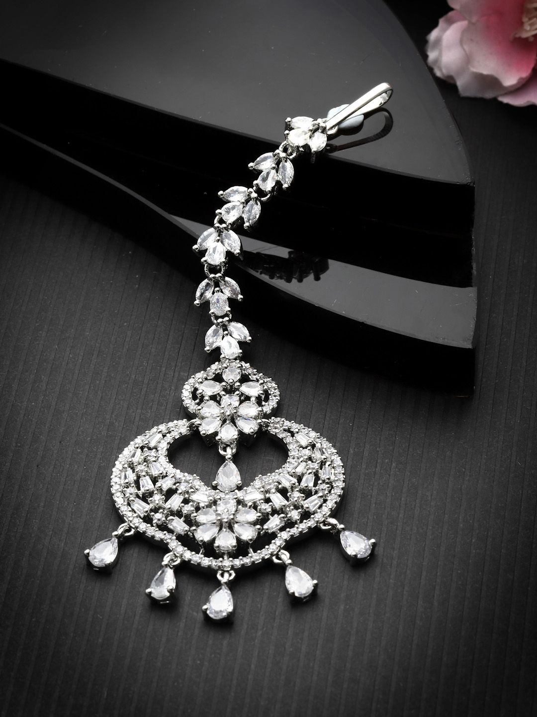 

ZENEME Rhodium-Plated American Diamond Studded Maang Tikka, Silver