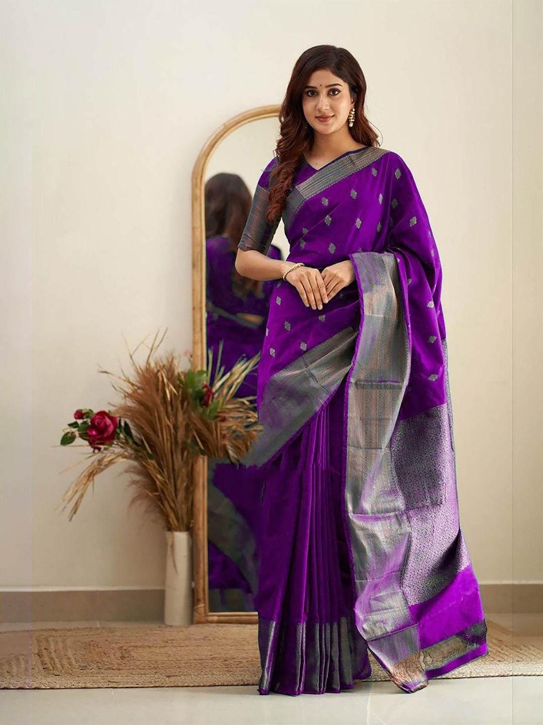 

Anjaneya Sarees Woven Design Zari Banarasi Saree, Purple