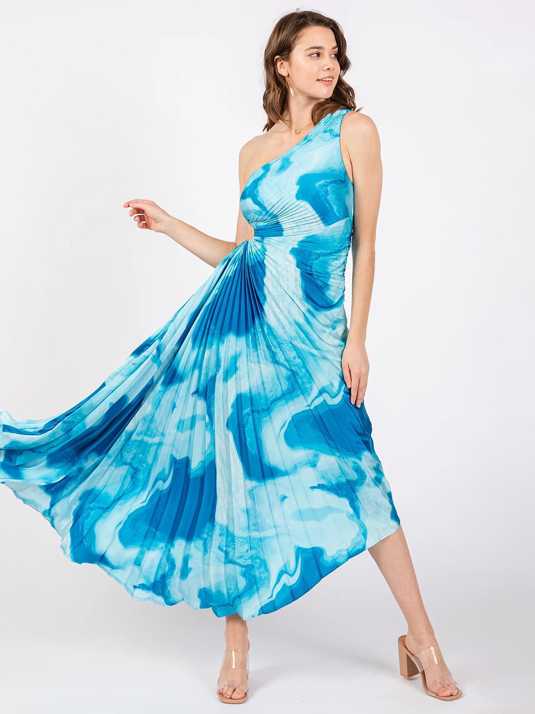 

LULU & SKY Tie and Dye One Shoulder Sleeveless Maxi Dress, Blue