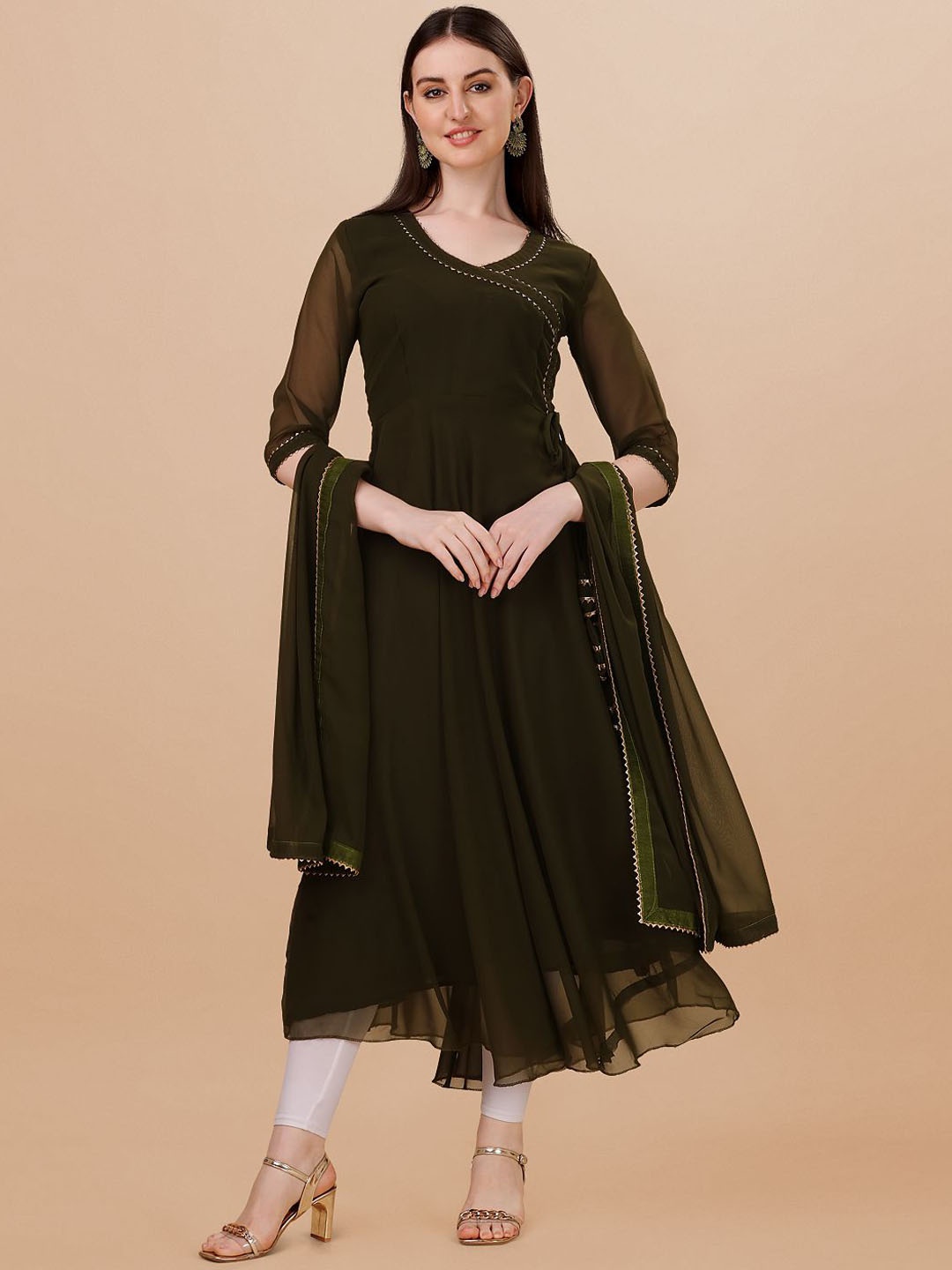 

PMD Fashion Gotta Patti Silk Georgette Anarkali Kurta With Dupatta, Olive