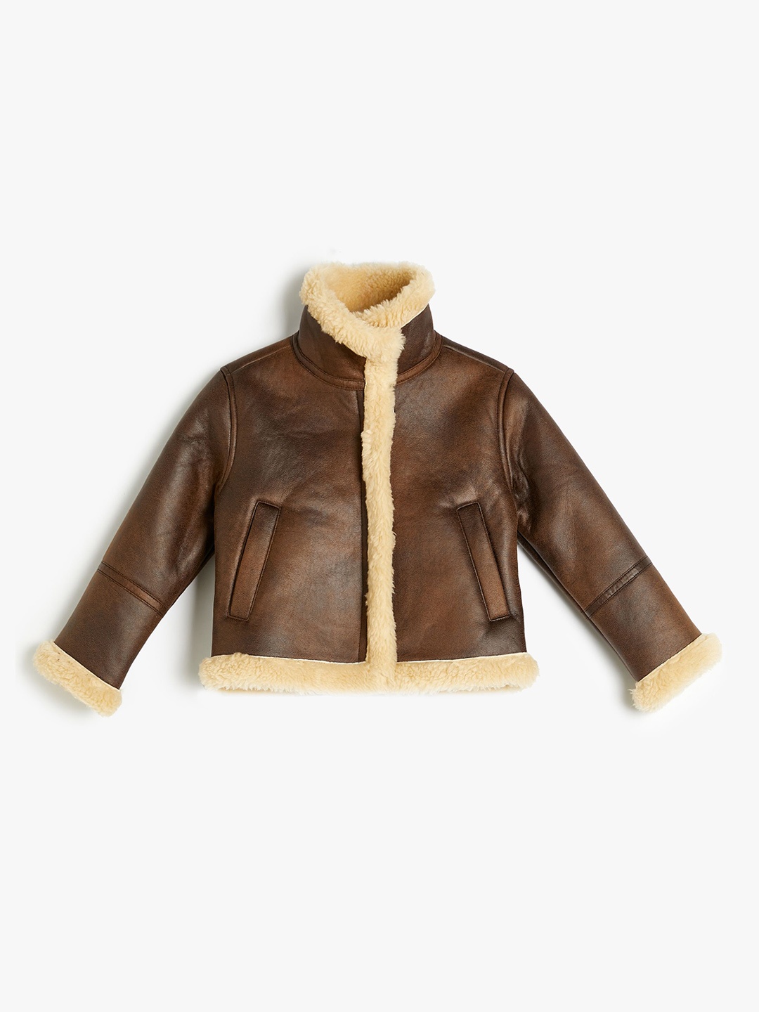 

Koton Girls Solid Leather Jacket, Brown