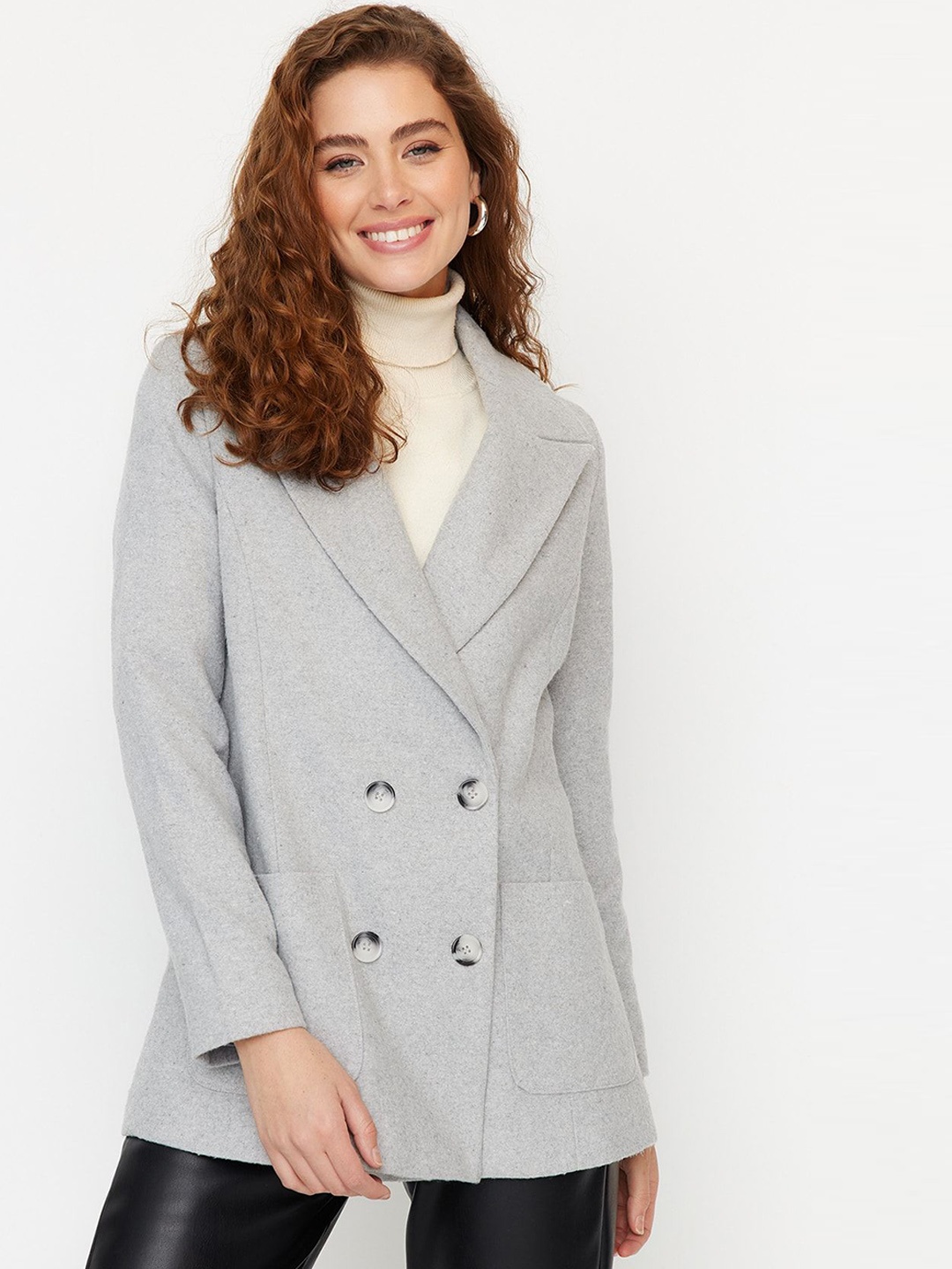 

Trendyol Women Solid Notched Lapel Collar Overcoat, Grey