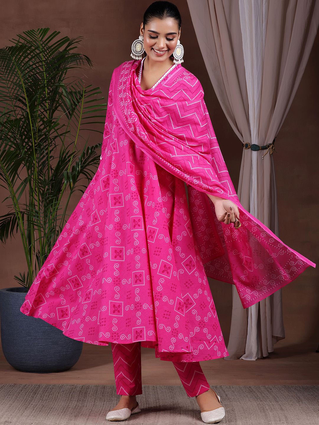 

Libas Bandhani Printed Gotta Patti Pure Cotton Anarkali Kurta with Trousers & Dupatta, Pink
