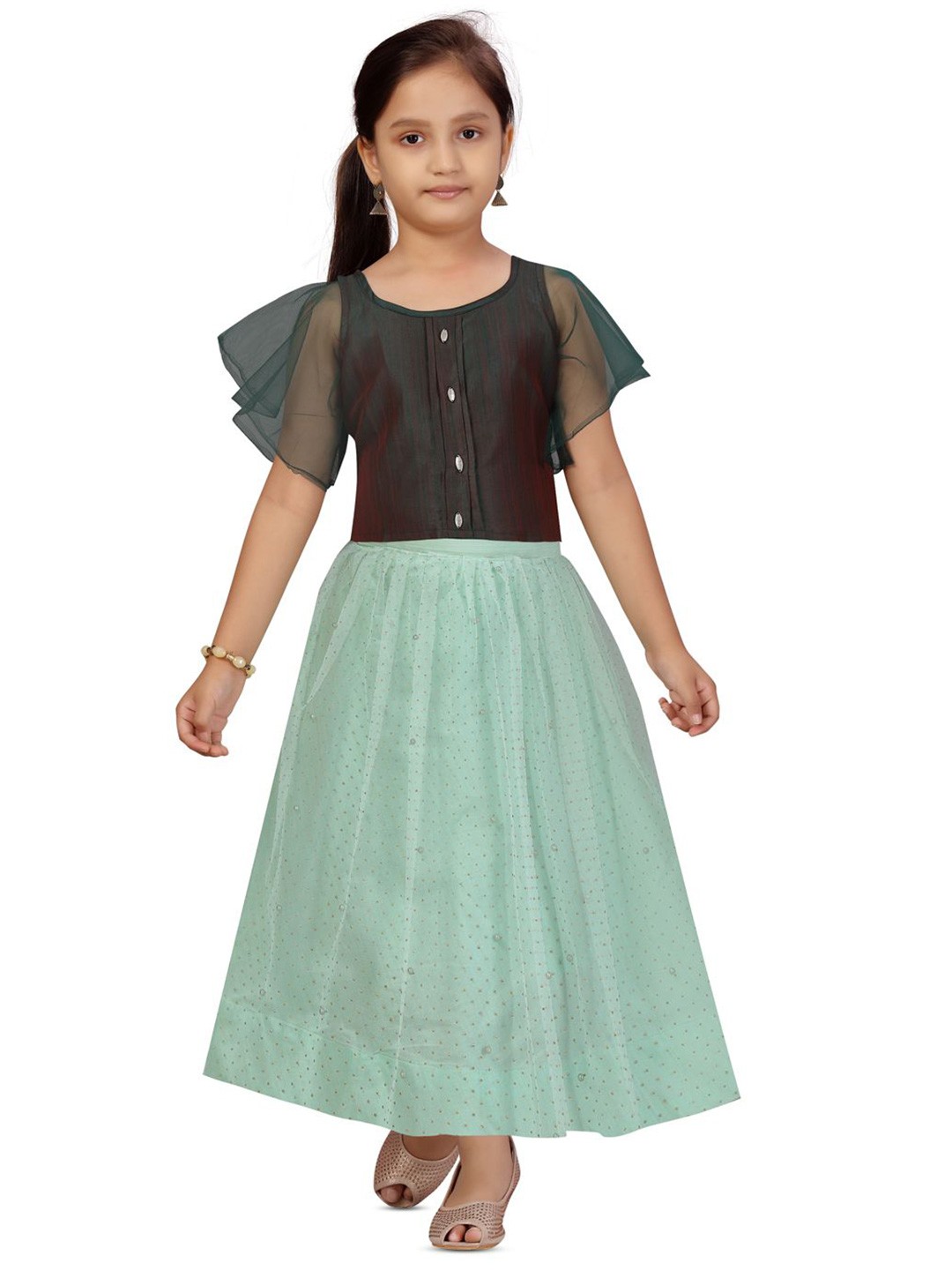 

BAESD Girls Round Neck Net Top With Skirt, Green