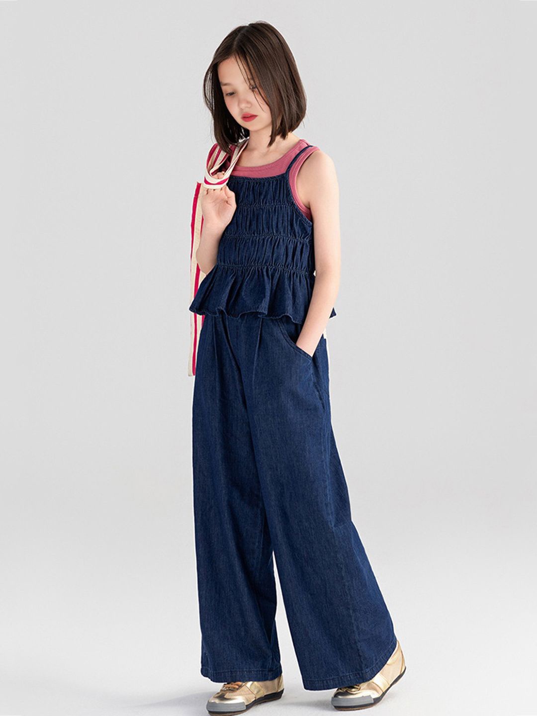 

INCLUD Girls Smoked Peplum Denim Top with Trousers, Blue