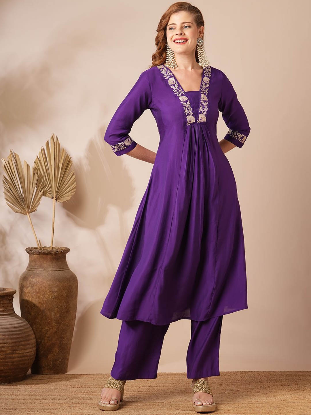 

FASHOR Embroidered Tunic With Trouser, Purple