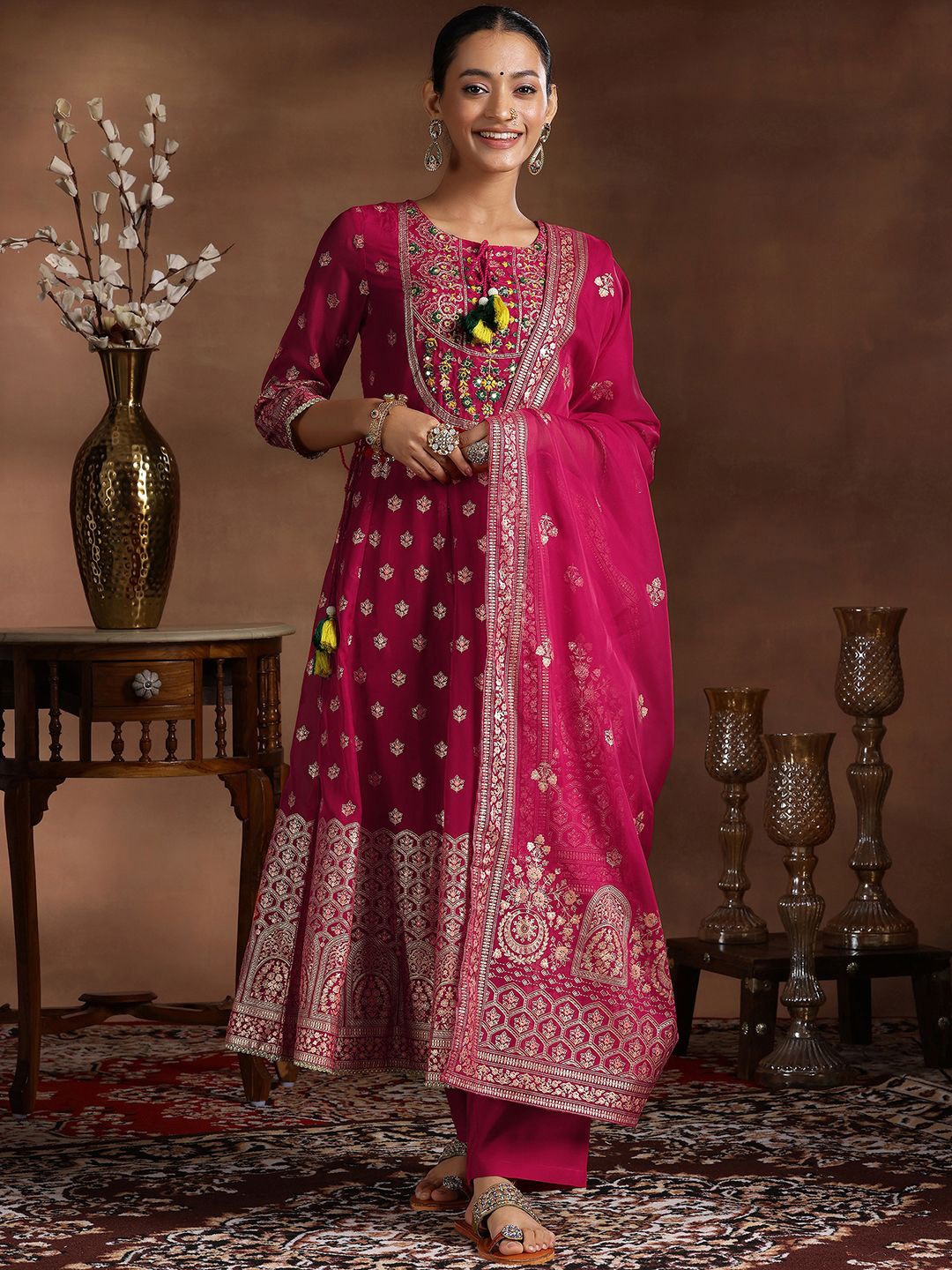 

Libas Floral Printed Panelled Gotta Patti Organza A-Line Kurta with Trousers & Dupatta, Pink