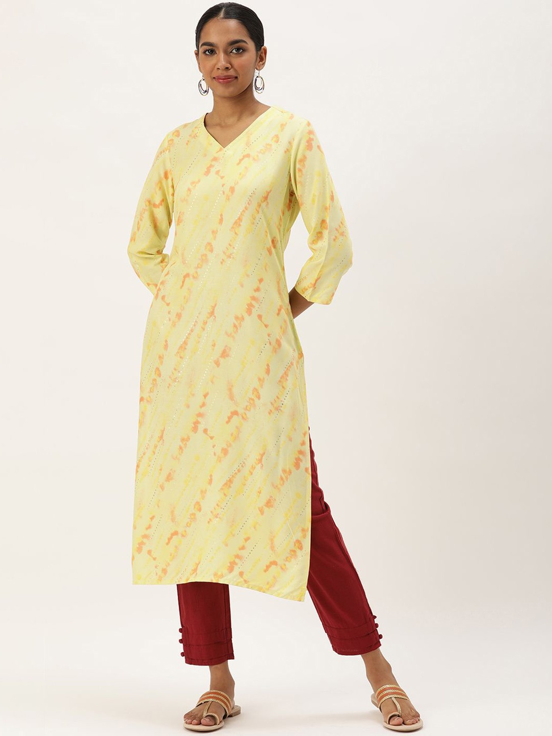 

KALINI V-Neck Printed Straight Kurta, Yellow