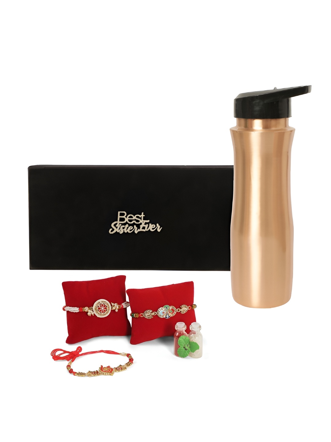 

INTERNATIONAL GIFT Set Of 3 Rakhis With Copper Water Bottle & Roli Chawal