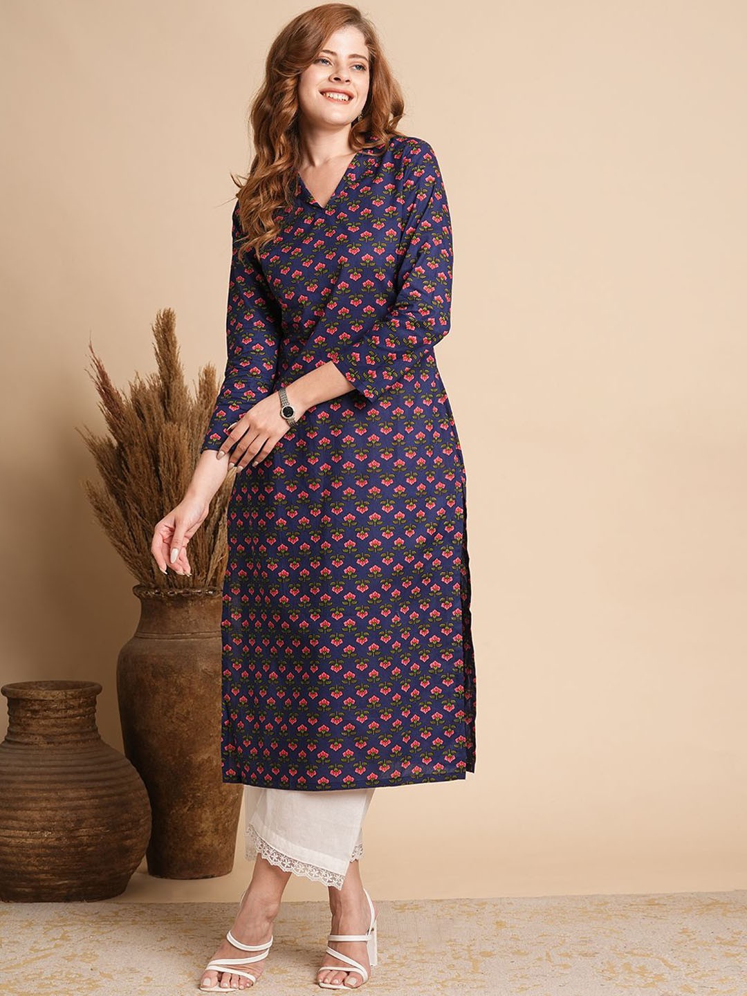 

FASHOR Ethnic Motifs Printed V-Neck Pure Cotton Straight Kurta, Blue