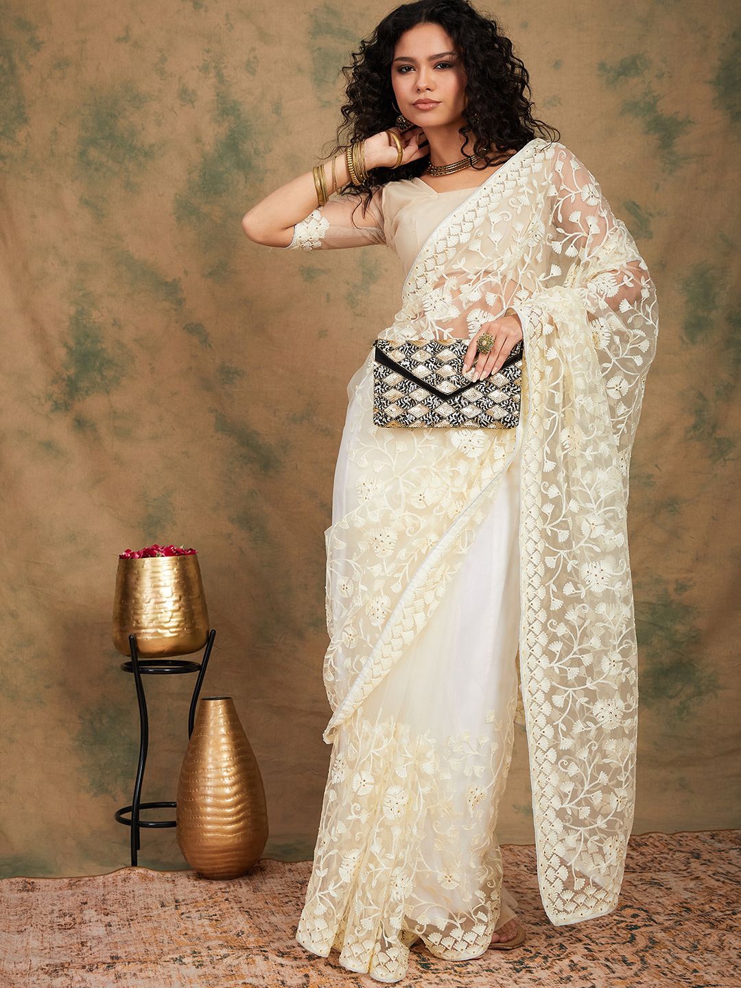

SHADOW & SAINING Embellished Embroidered Net Saree, Cream