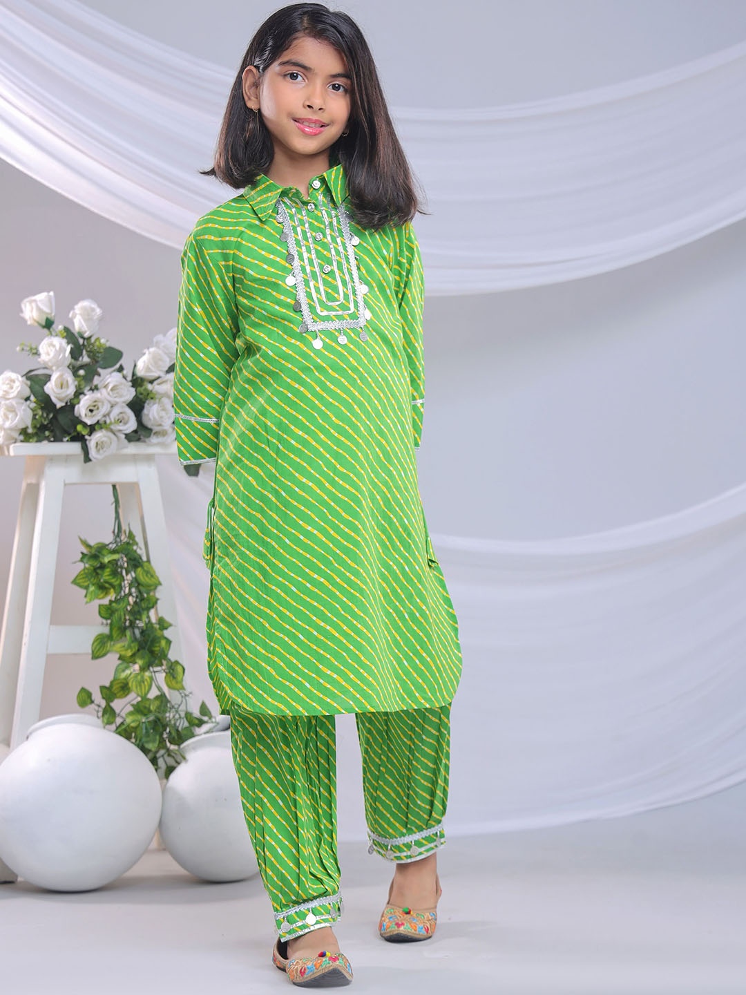 

BAESD Girls Striped Gotta Patti Shirt Collar Pure Cotton Straight Kurta With Salwar, Green