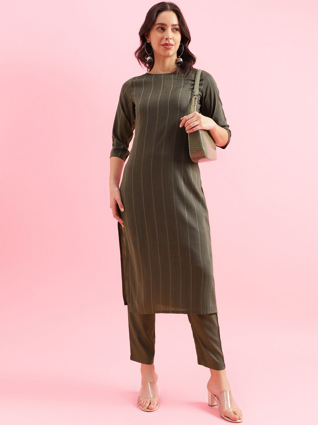 

Saanjh Green Striped Straight Kurta with Trousers