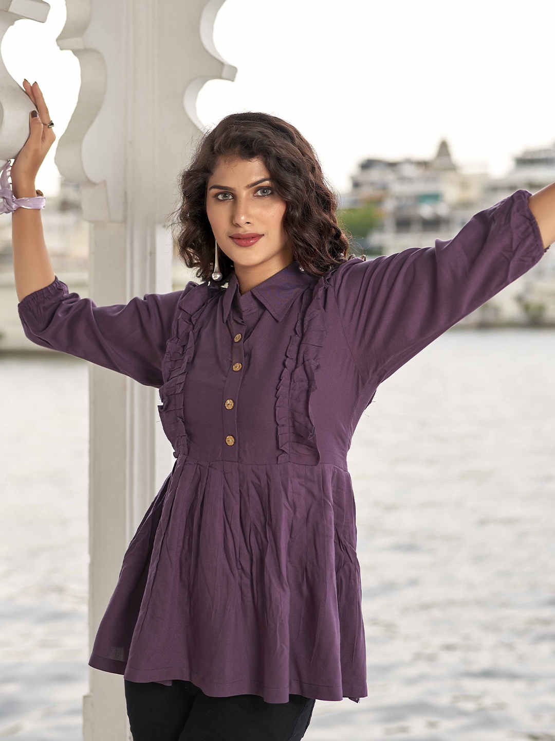 

PEACH PIPER Mandarin Collar Tunic, Purple