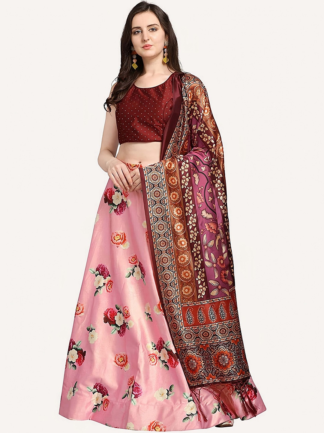 

Kaizen TEXO FAB Floral Printed Semi-Stitched Lehenga & Unstitched Blouse With Dupatta, Pink