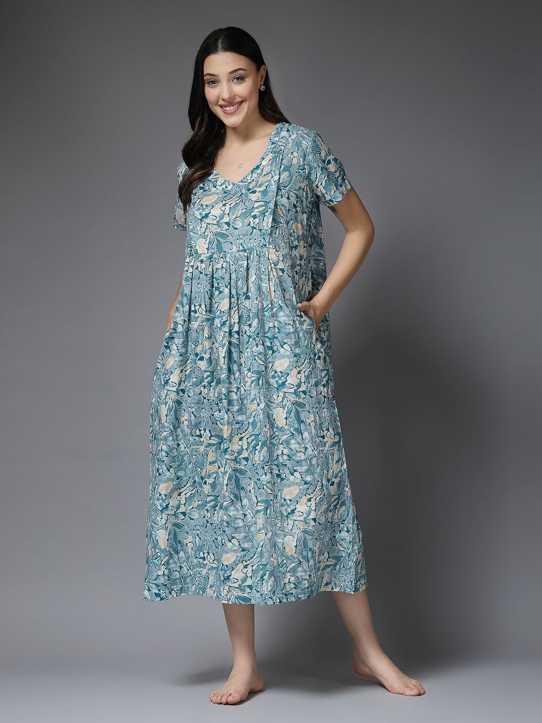 

House Of Zelena Printed Maternity Nightdress, Turquoise blue