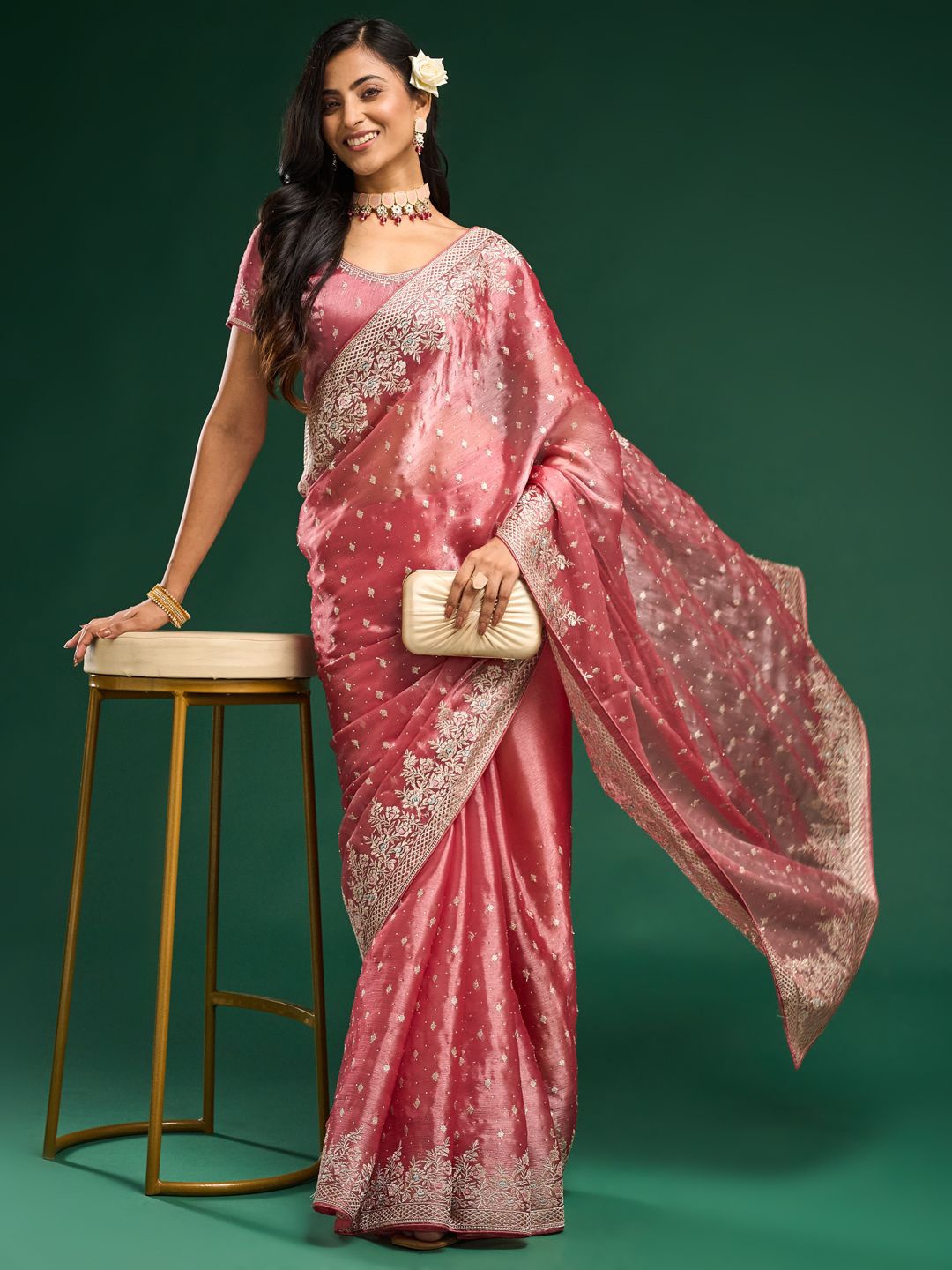 

kasee Floral Embroidered Silk Blend Saree, Pink