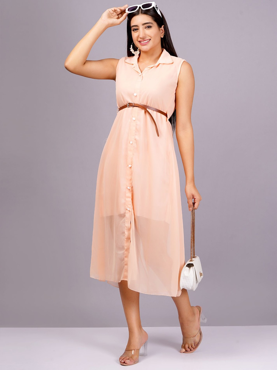 

JC4U Sleeveless Belted Shirt Midi Dress, Peach