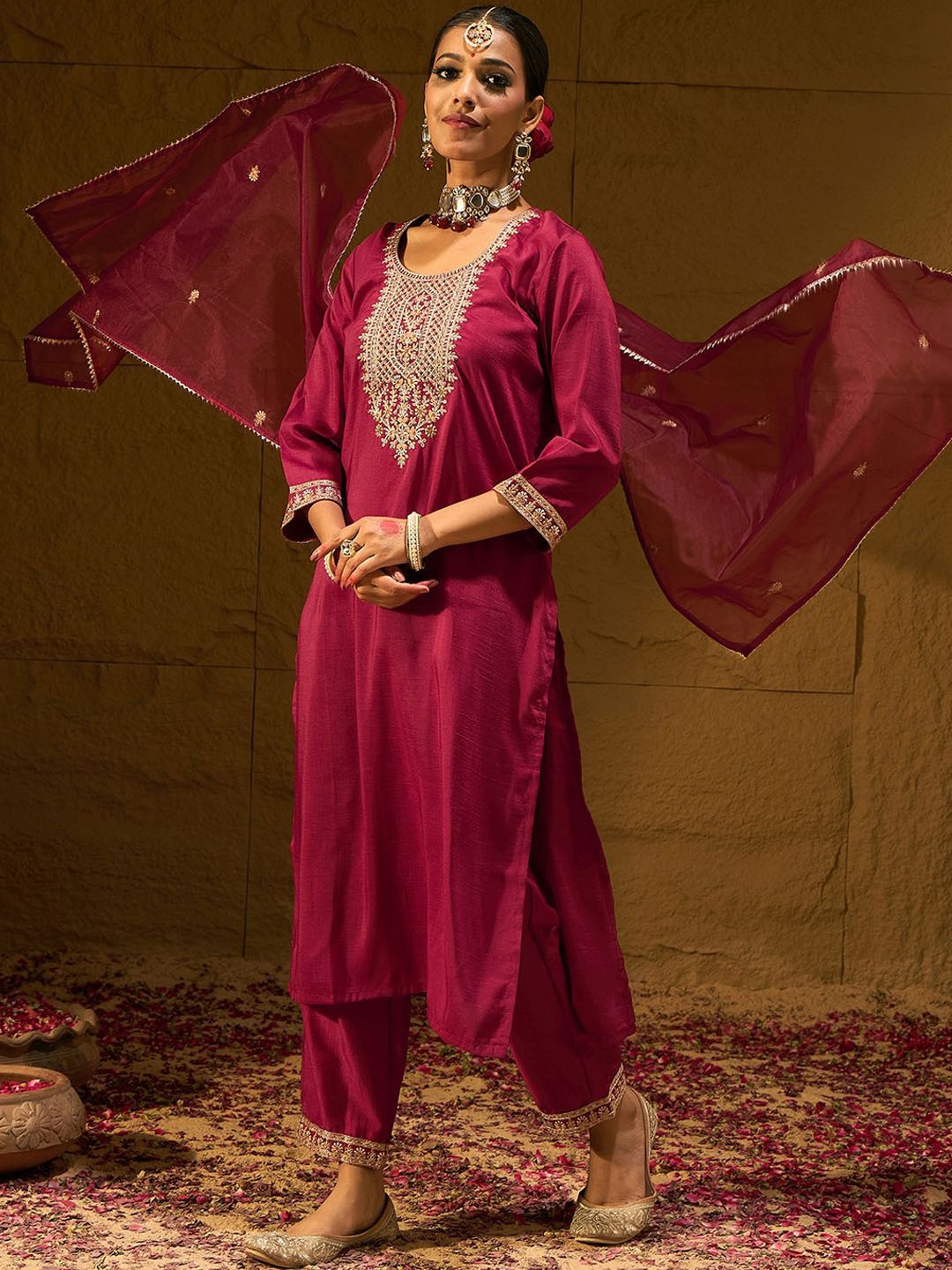 

Indo Era Ethnic Motifs Yoke Design Thread Work Straight Kurta With Trousers & Dupatta, Maroon