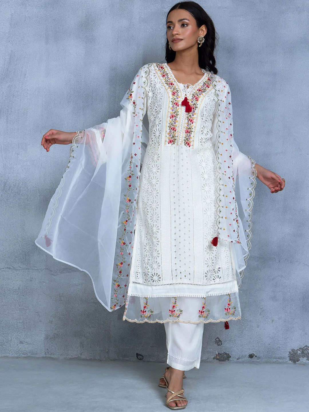

Rang by Indya Women Floral Embroidered Regular Kurta with Trousers & With Dupatta, White