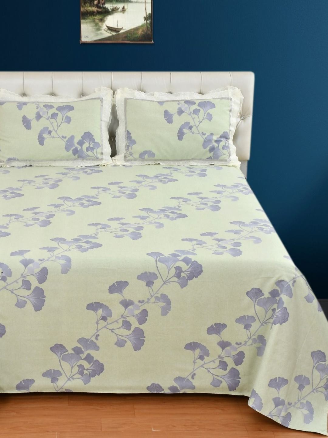 

Bromwick Unisex Floral Printed 1 Piece Double Bedsheet with 2 Lace Pillow Covers, Lime green