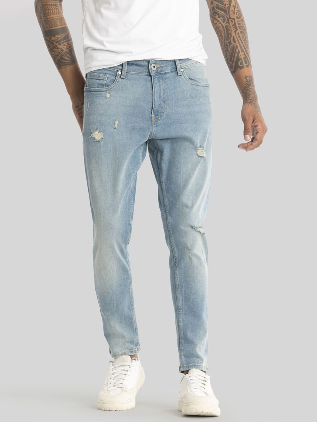 

Snitch Men Narrow Skinny Fit Low Distress Heavy Fade Stretchable Jeans, Blue