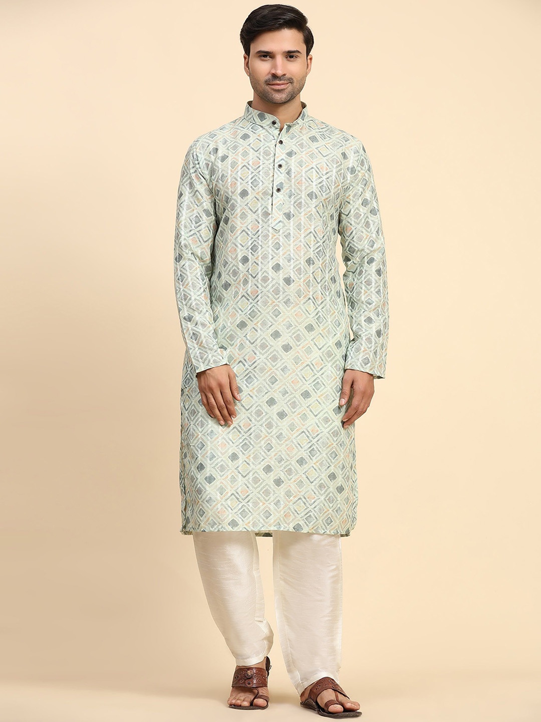 

Rawayi Geometric Printed Band Collar Cotton Straight Kurta, Green
