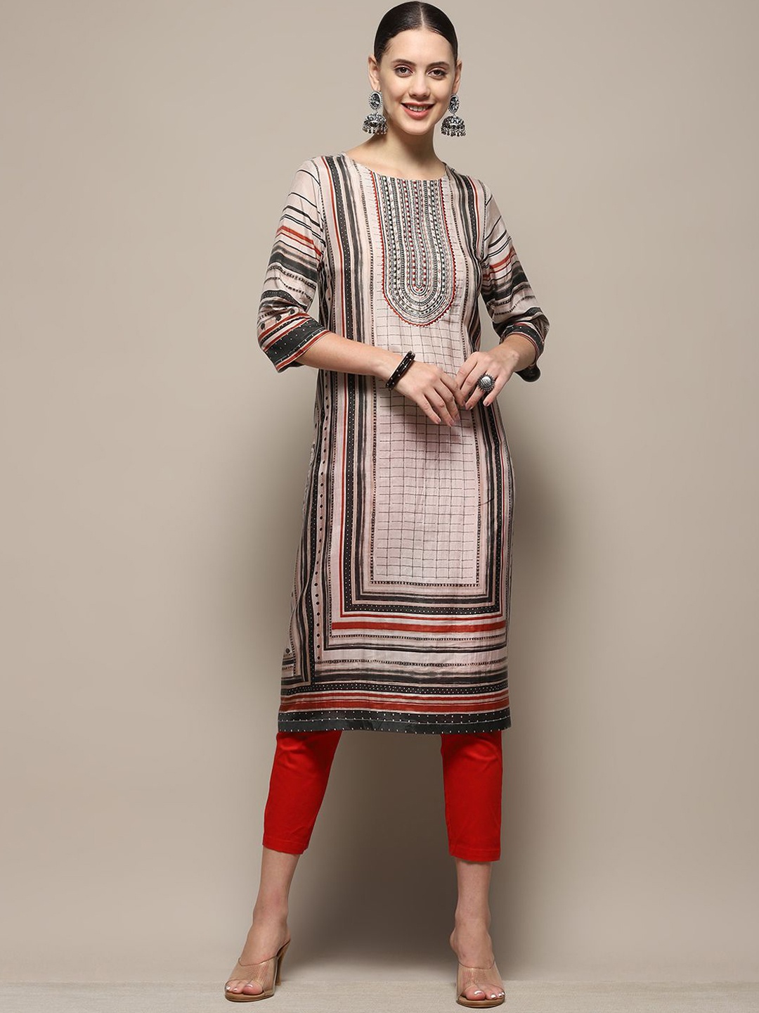

Biba Geometric Printed Round Neck Thread Work Straight Kurta, Beige