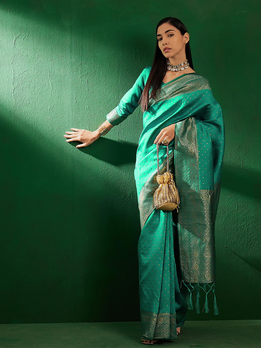 

SHADOW & SAINING Woven Design Zari Banarasi Saree, Sea green